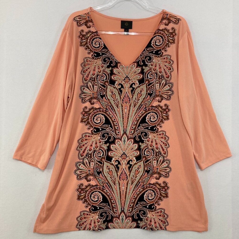 JM Collection size XL Orange Multi Color Abstract V neck‎ Stretch Knit Tunic